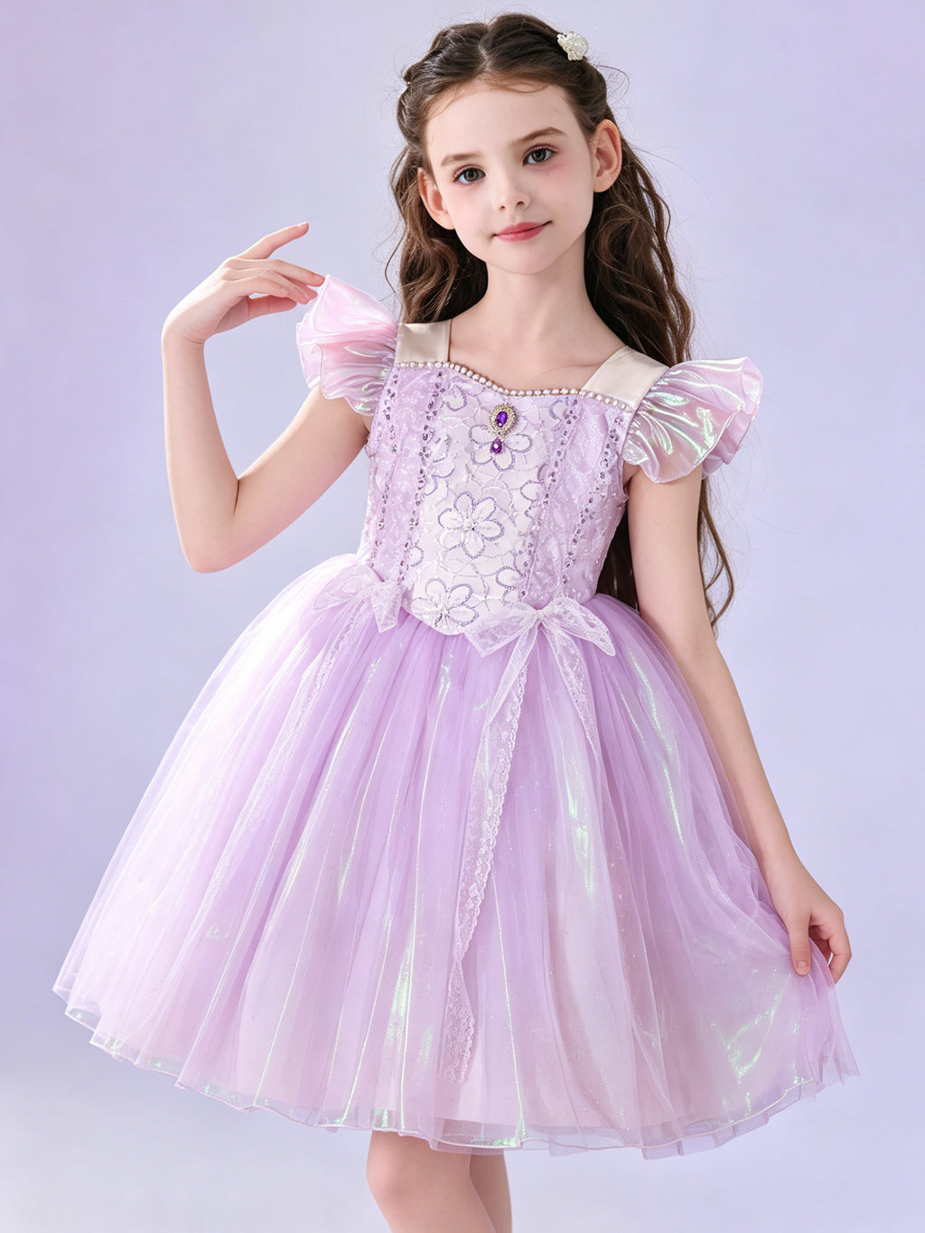 Blisseven lavender girls princess party dress side view with flutter sleeves