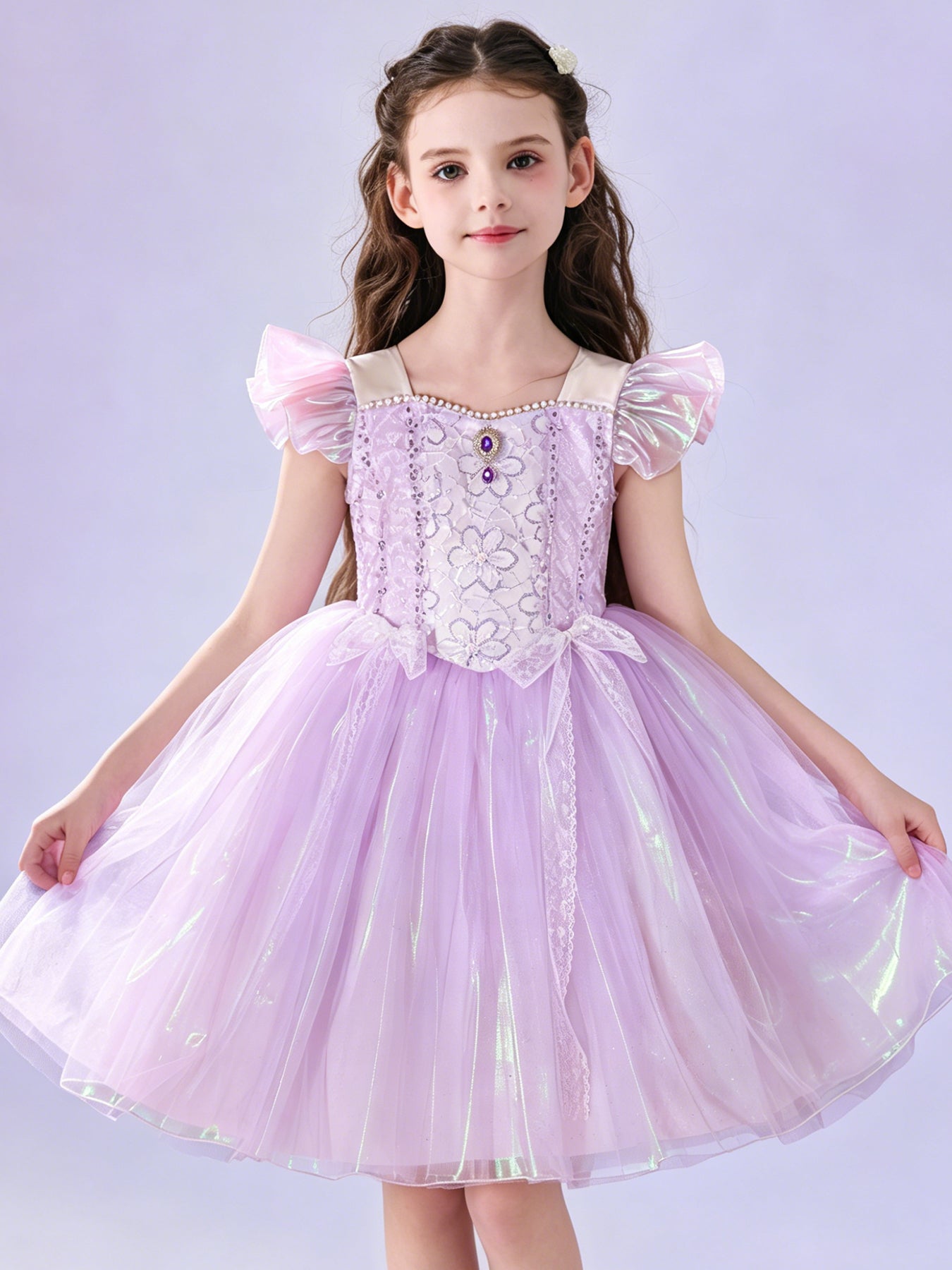 Blisseven lavender girls sparkle tulle princess dress video showing front and full dress details