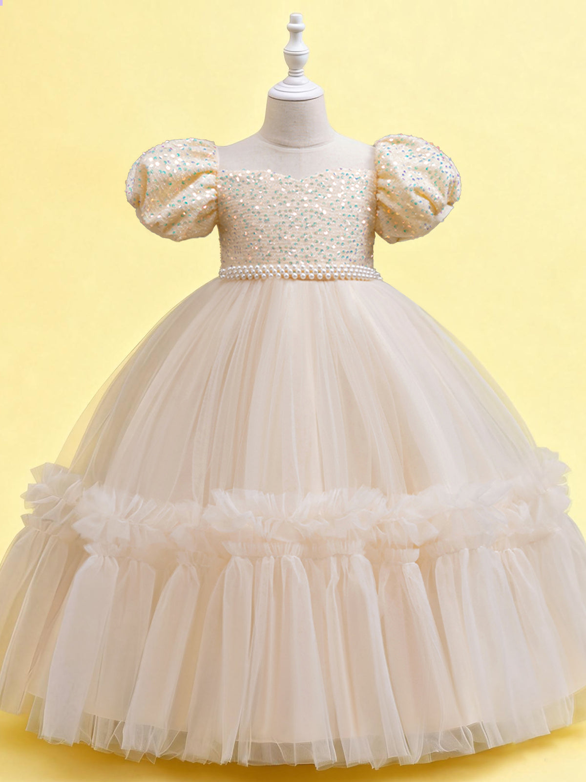 Blisseven champagne girls party dress front view with puff sleeves and a full tulle skirt