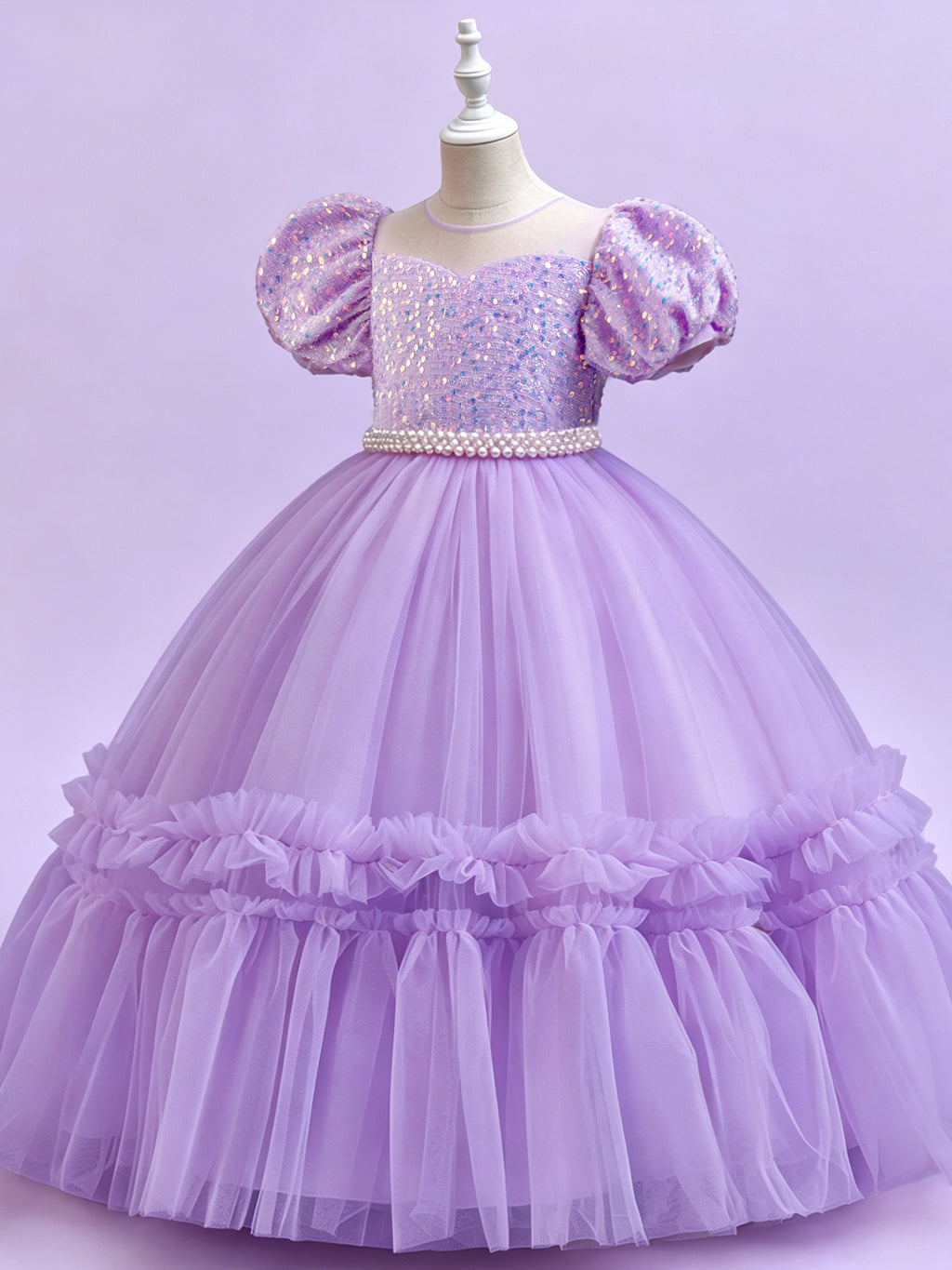 Blisseven light purple girls party dress angled view showing the puff sleeves and ruffled tulle skirt