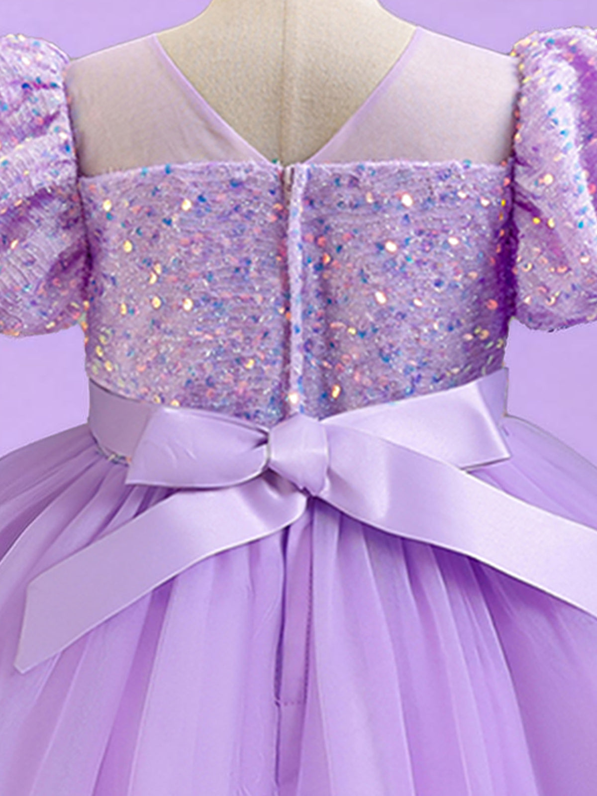Blisseven light purple girls party dress close-up of the back bow and sequin bodice