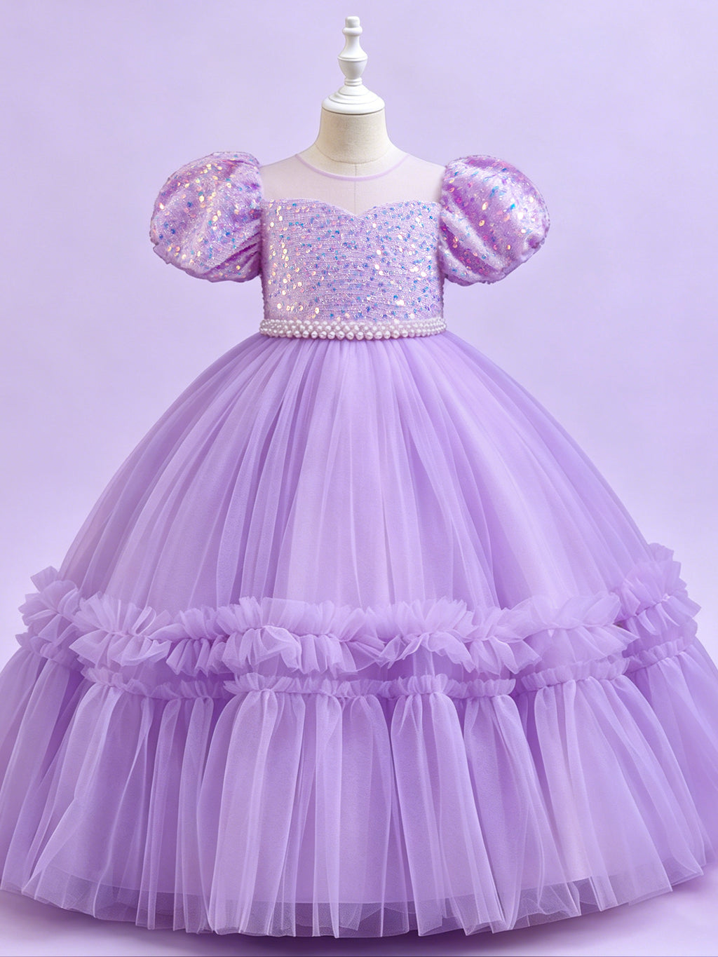 Blisseven light purple girls party dress front view with puff sleeves and a full tulle skirt
