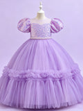 Blisseven light purple girls party dress front view with puff sleeves and a full tulle skirt