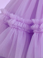 Blisseven light purple girls party dress close-up of the tulle skirt and ruffle accents