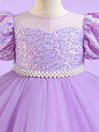 Blisseven light purple girls party dress close-up of the sequin bodice and decorative waist trim