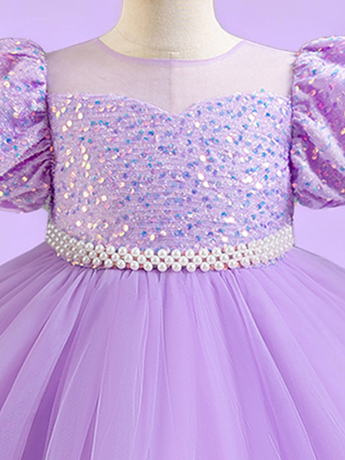 Blisseven light purple girls party dress close-up of the sequin bodice and decorative waist trim