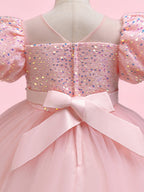Blisseven pink girls party dress close-up of the back bow and sequin bodice