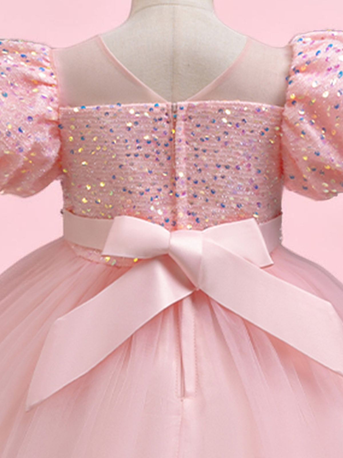 Blisseven pink girls party dress close-up of the back bow and sequin bodice