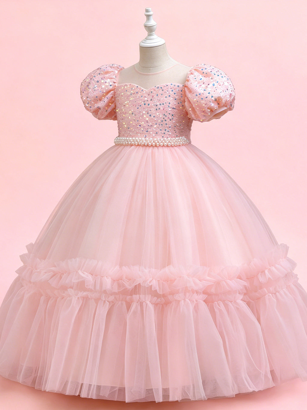 Blisseven pink girls party dress front view with puff sleeves and a full tulle skirt