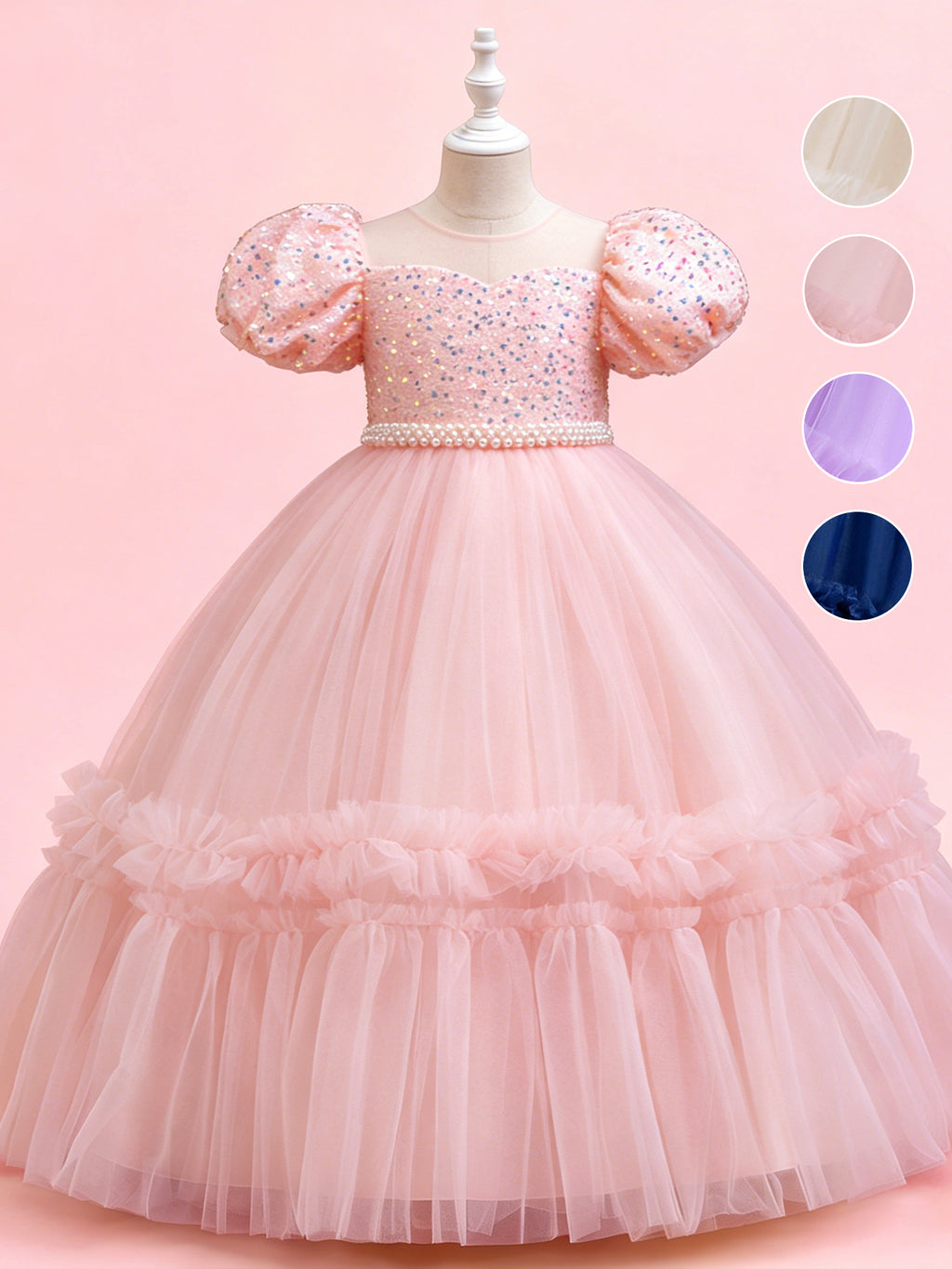 Blisseven pink girls party dress main image with puff sleeves, sequin bodice, ruffled tulle skirt and color swatches