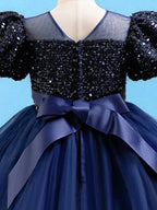 Blisseven sky blue girls party dress close-up of the back bow and sequin bodice