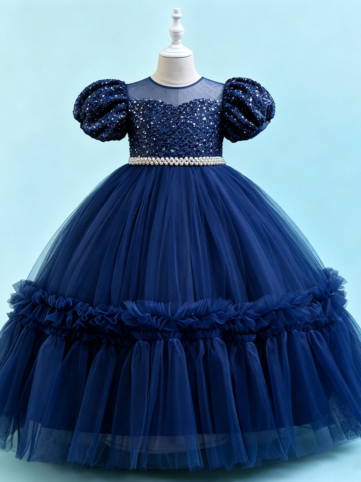 Blisseven sky blue girls party dress front view with puff sleeves and a full tulle skirt