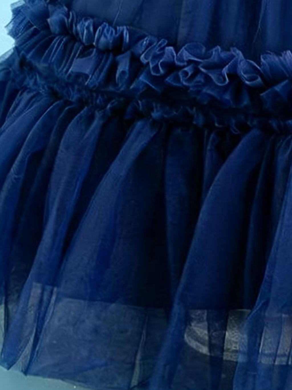 Blisseven sky blue girls party dress close-up of the tulle skirt and ruffle accents