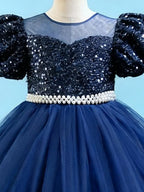 Blisseven sky blue girls party dress close-up of the sequin bodice and decorative waist trim