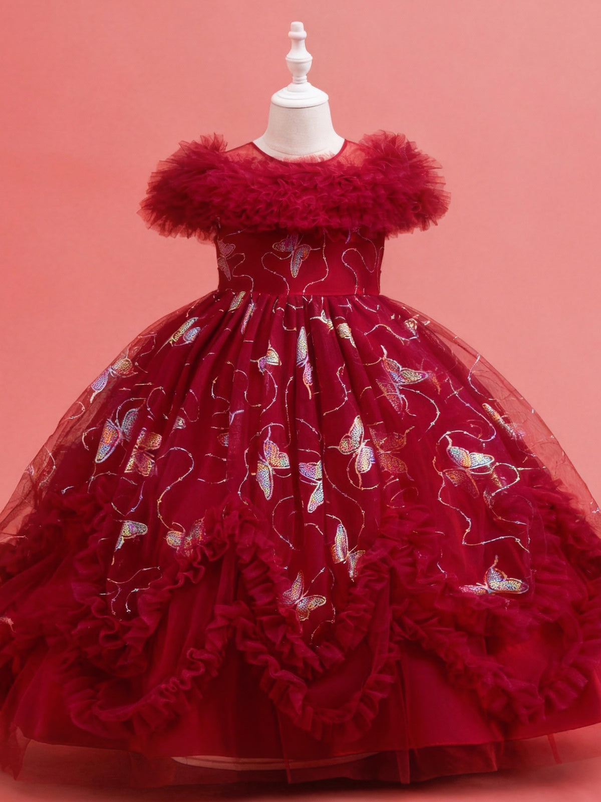 Blisseven girls burgundy long princess dress front view with gold foil butterfly tulle