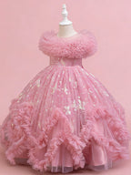 Blisseven girls dusty rose formal ball gown side view with layered tulle skirt

