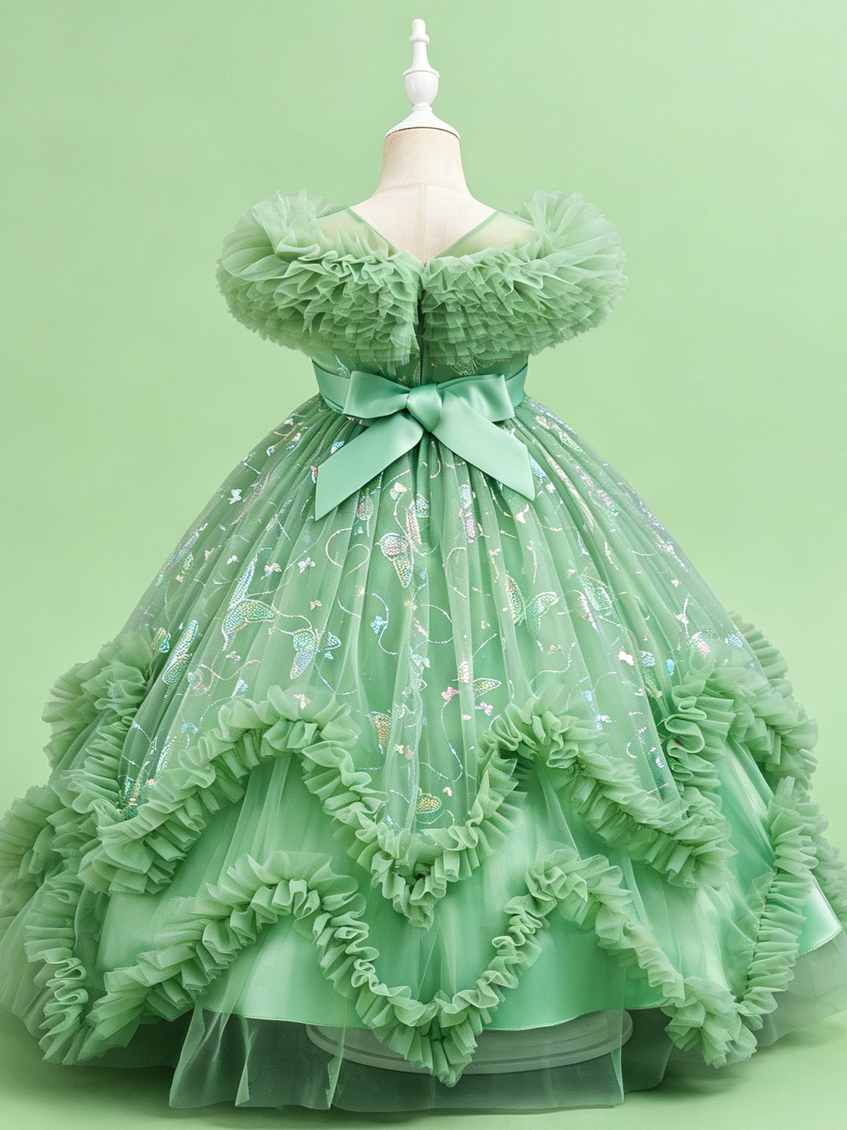 Blisseven girls light green long princess dress back view with elegant ankle length design