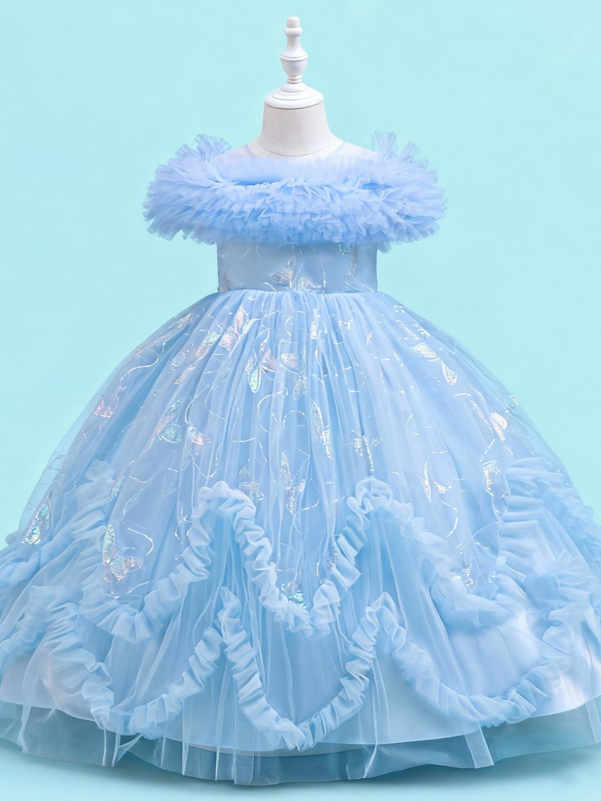 Blisseven girls sky blue long princess dress front view with gold foil butterfly tulle