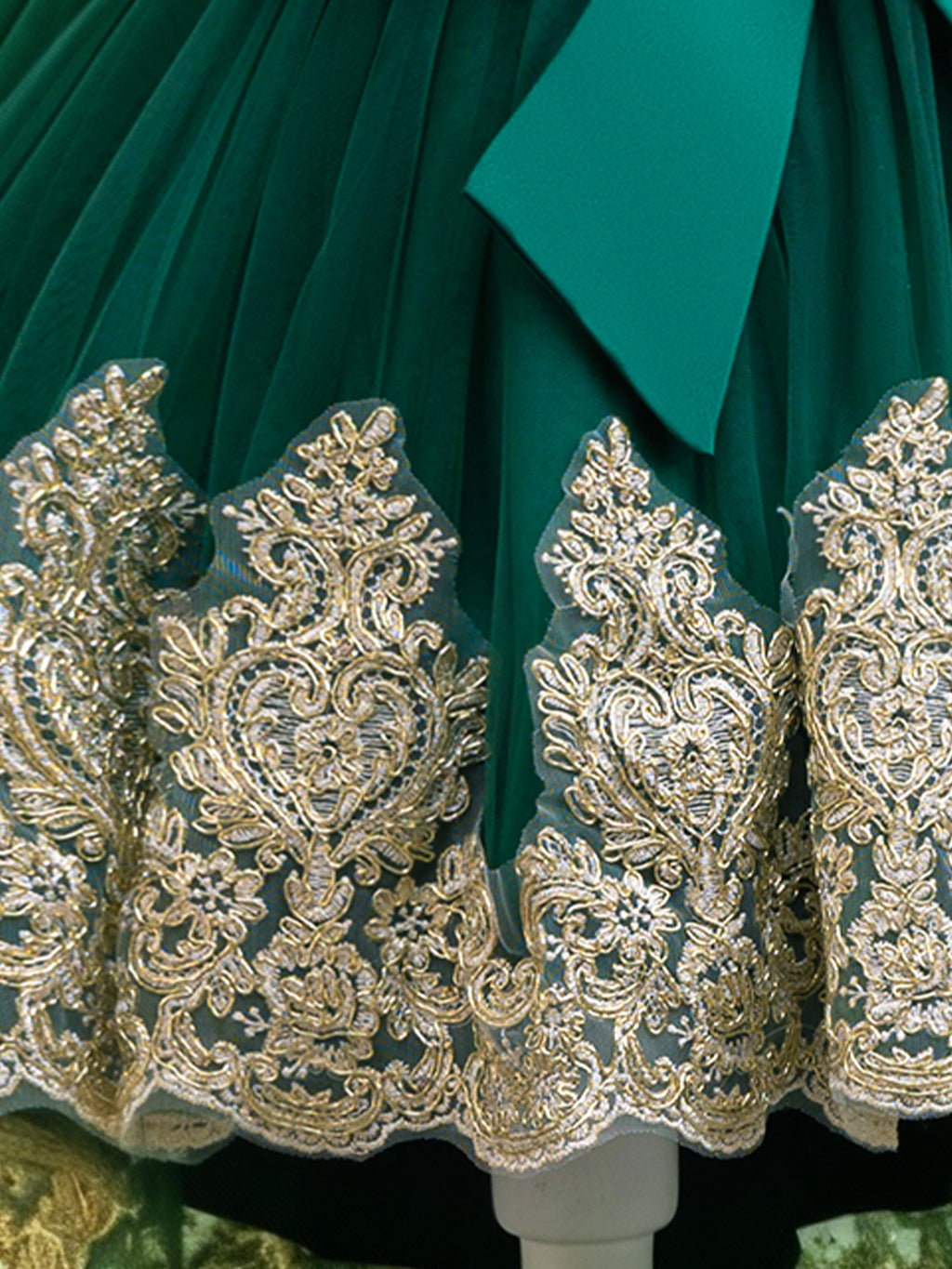 Blisseven LS8290 emerald green flower girl dress with gold lace hem detail