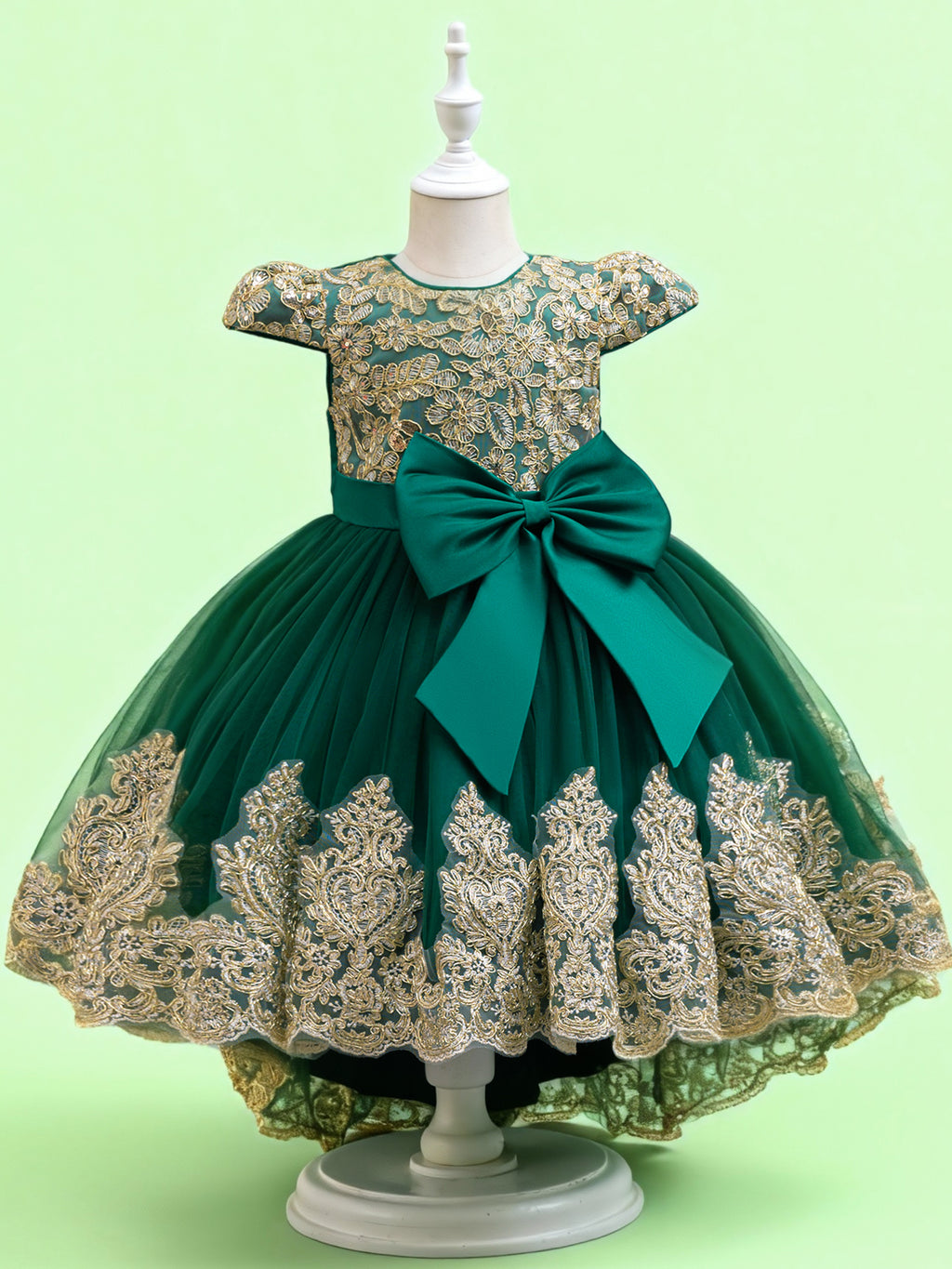 Blisseven LS8290 emerald green girls high low gold lace princess dress front view