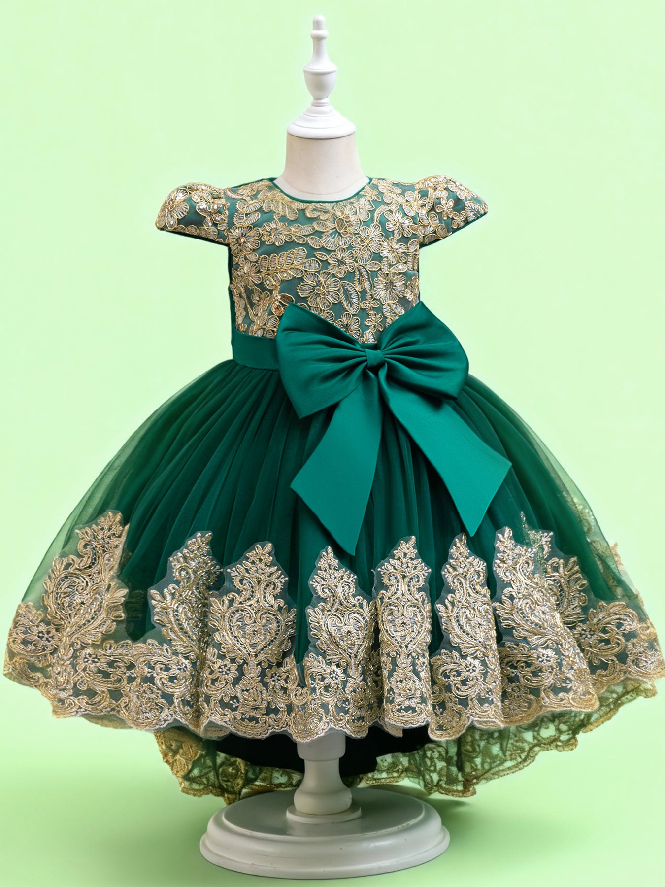 Blisseven LS8290 emerald green girls high low gold lace princess dress front view