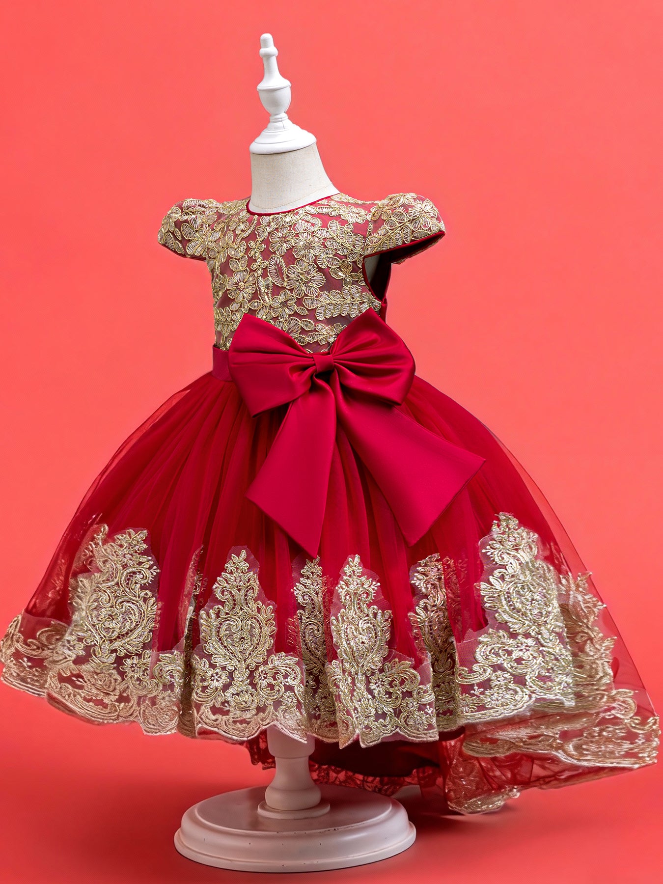 Blisseven LS8290 red flower girl party dress side view with high low skirt