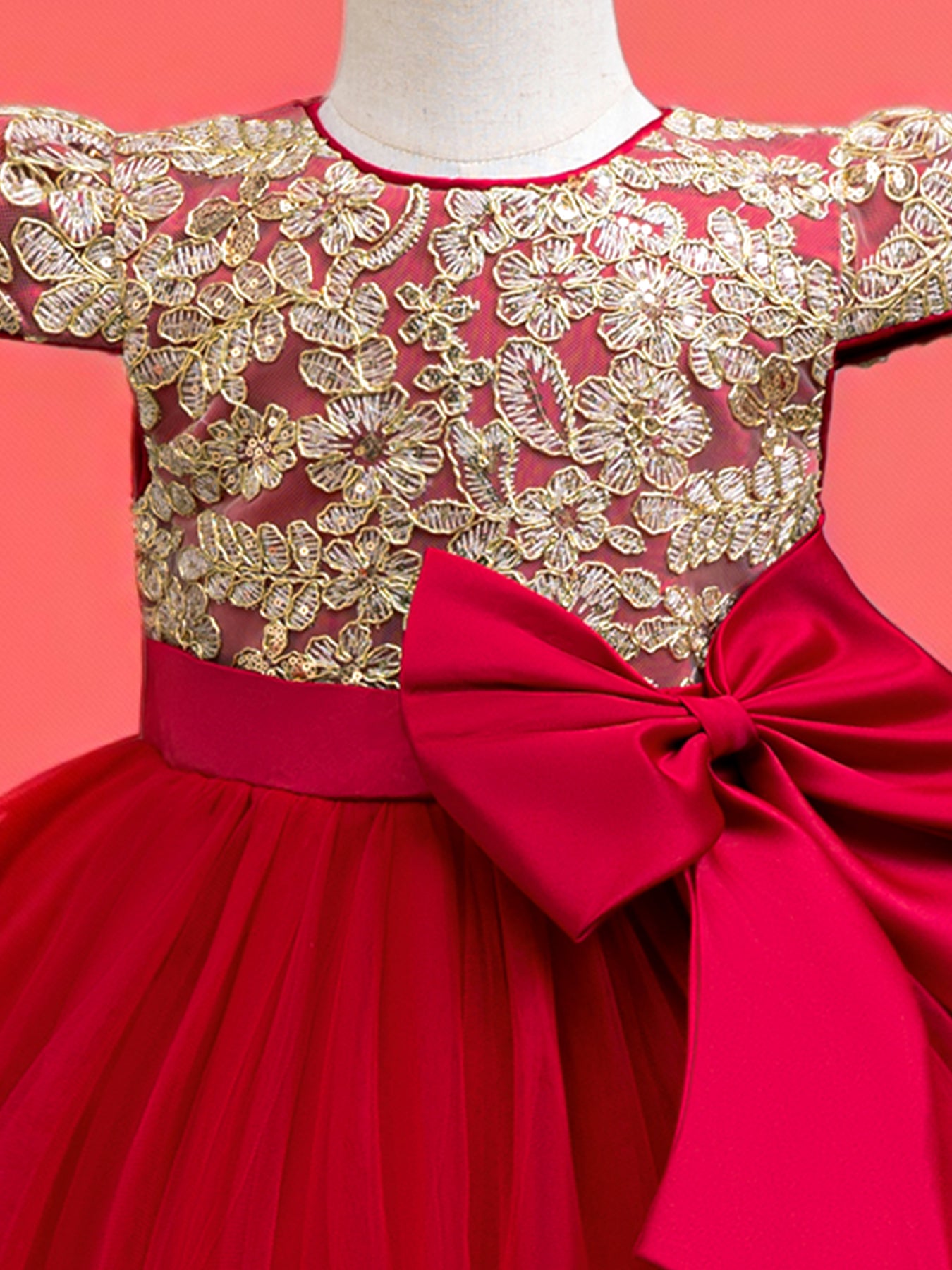 Blisseven LS8290 red girls dress close up with gold lace bodice details