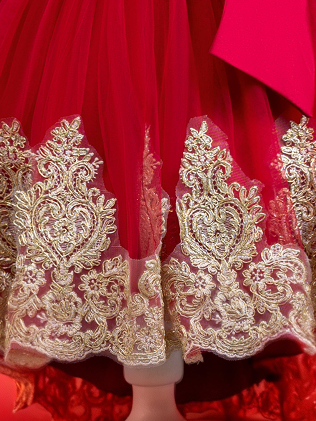 Blisseven LS8290 red flower girl dress with gold lace hem detail