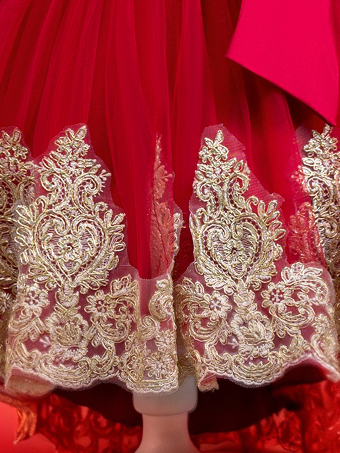 Blisseven LS8290 red flower girl dress with gold lace hem detail