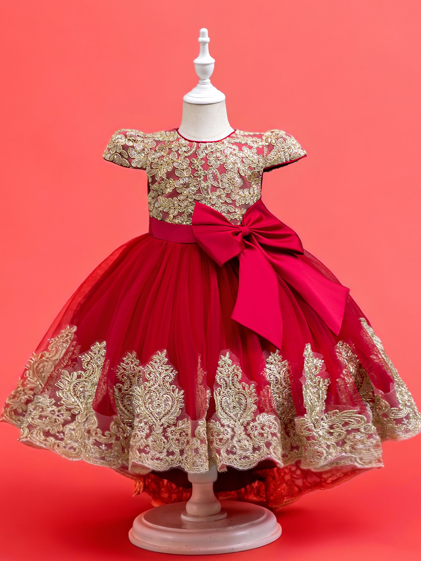 Blisseven LS8290 red girls high low gold lace princess dress front view