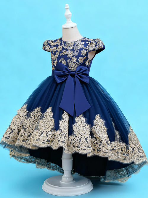 Blisseven LS8290 royal blue flower girl party dress side view with high low skirt