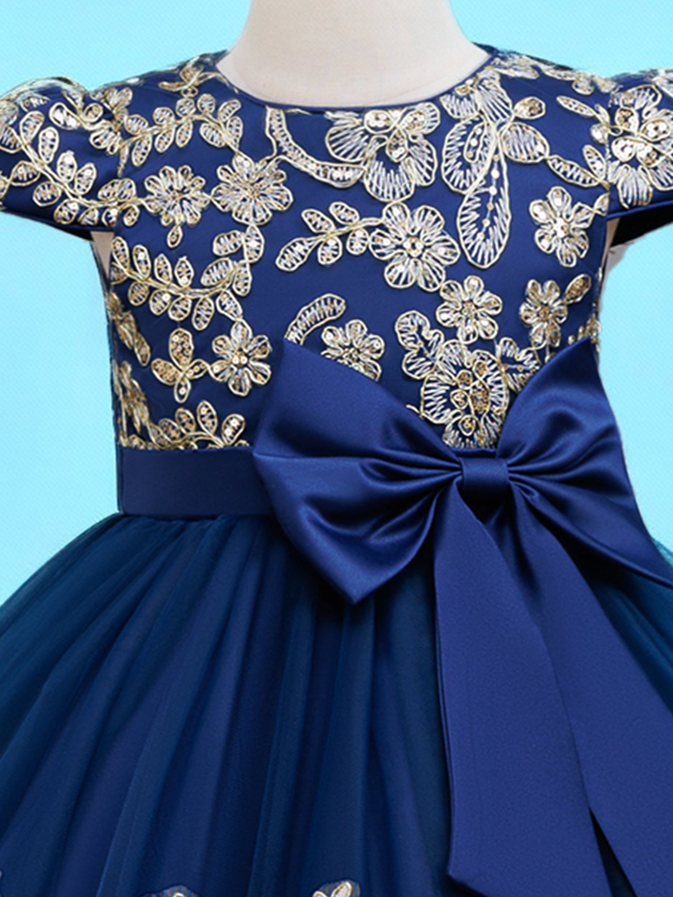 Blisseven LS8290 royal blue girls dress close up with gold lace bodice details