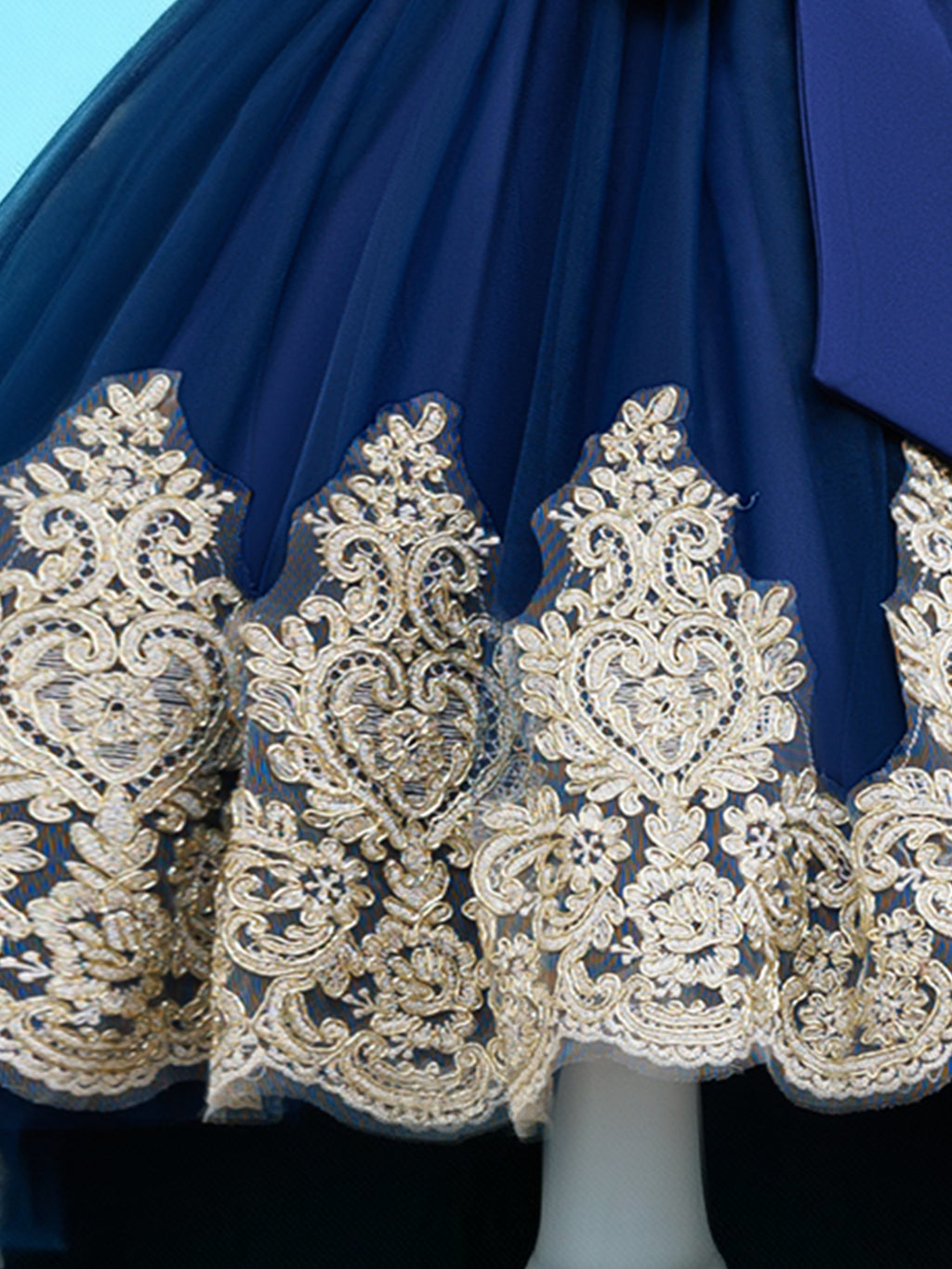 Blisseven LS8290 royal blue flower girl dress with gold lace hem detail