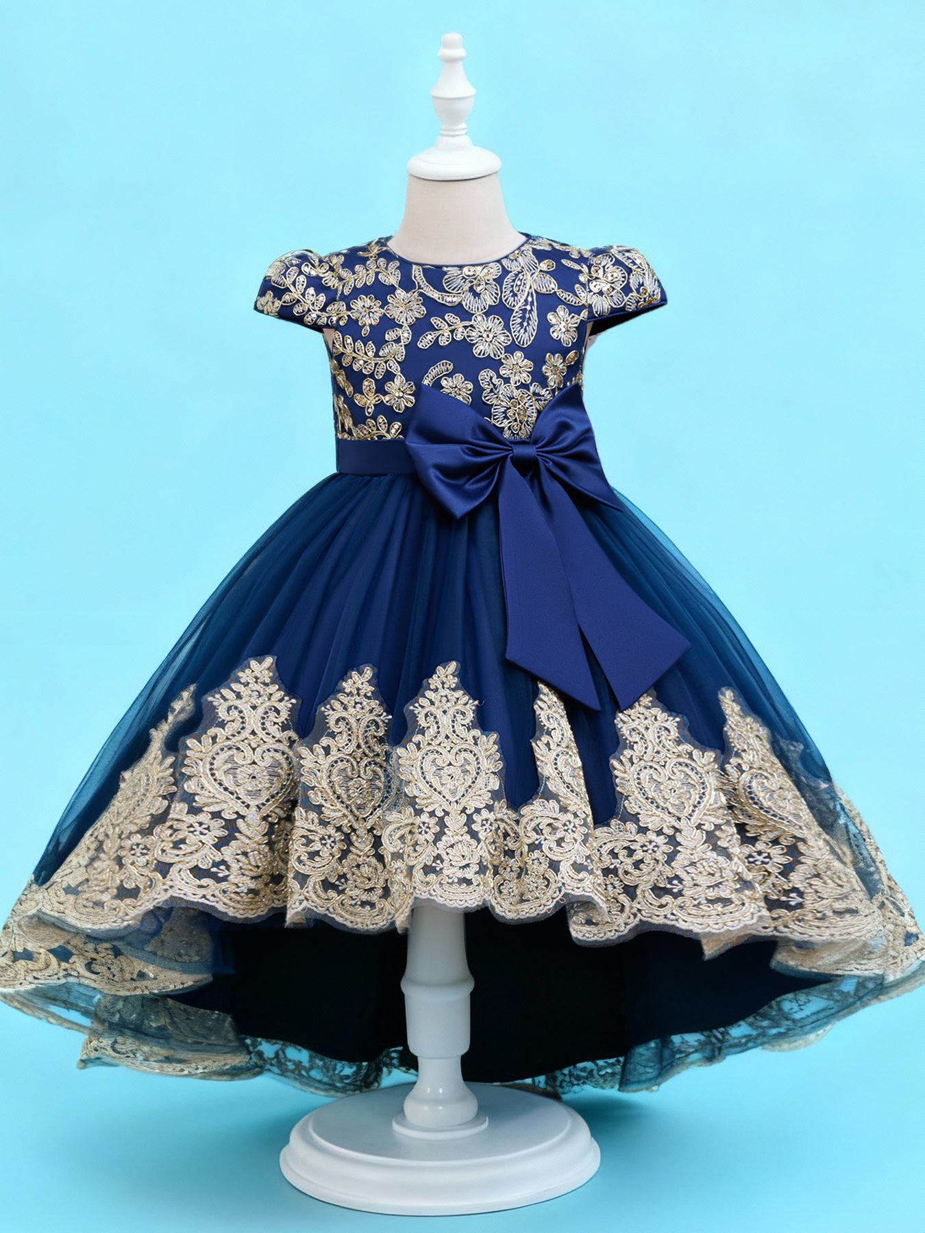 Blisseven LS8290 royal blue girls high low gold lace princess dress front view