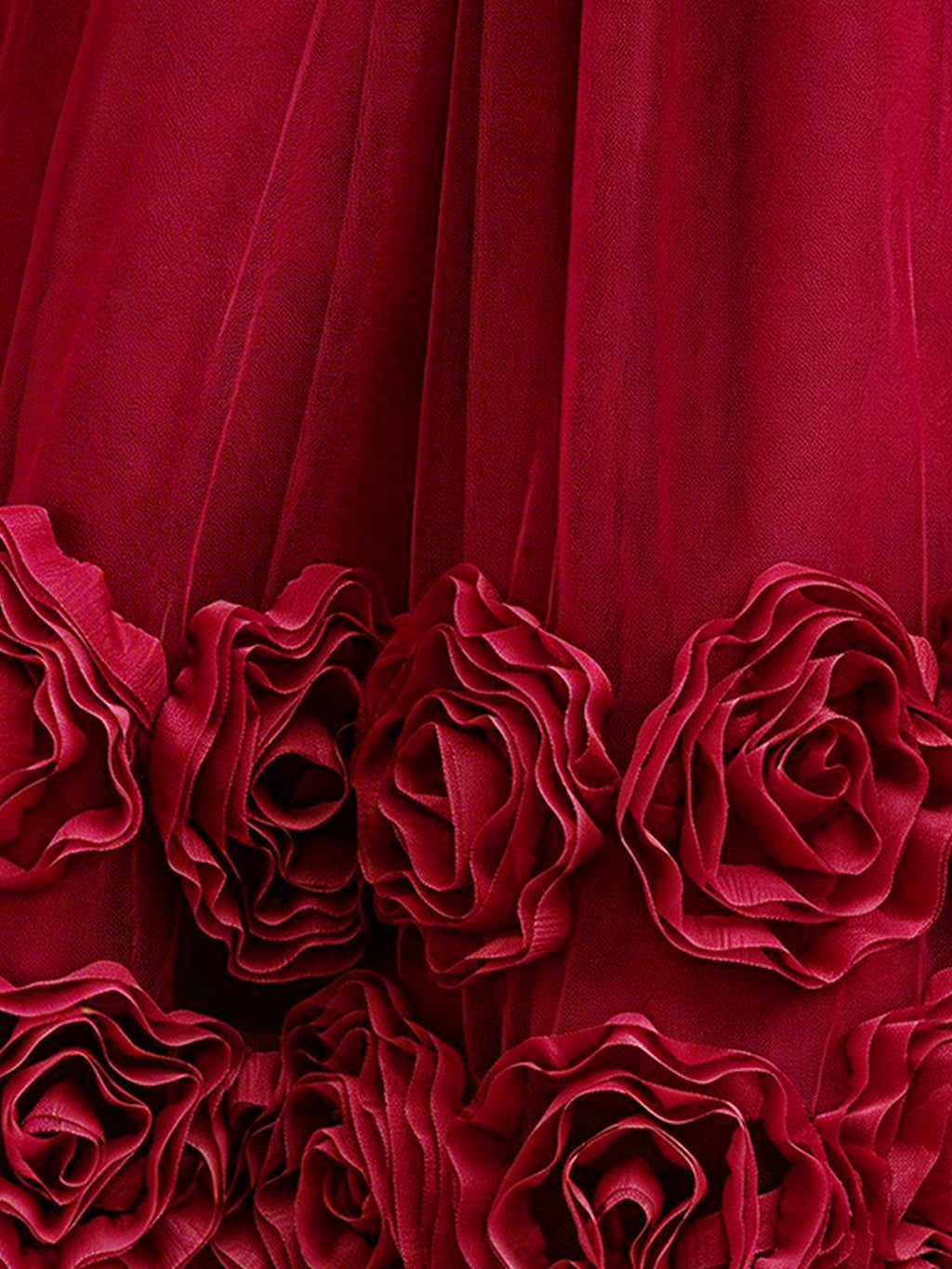 Blisseven LS8386 burgundy girls ball gown with 3D rose flower hem detail