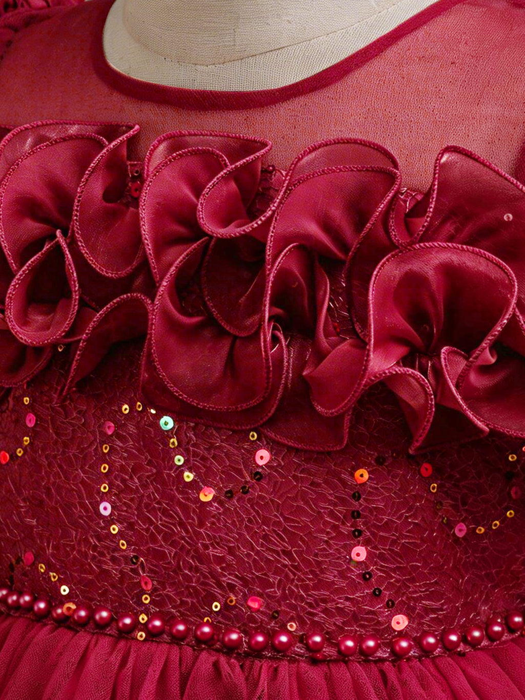 Blisseven LS8386 burgundy girls dress close up with rose puff sleeve details