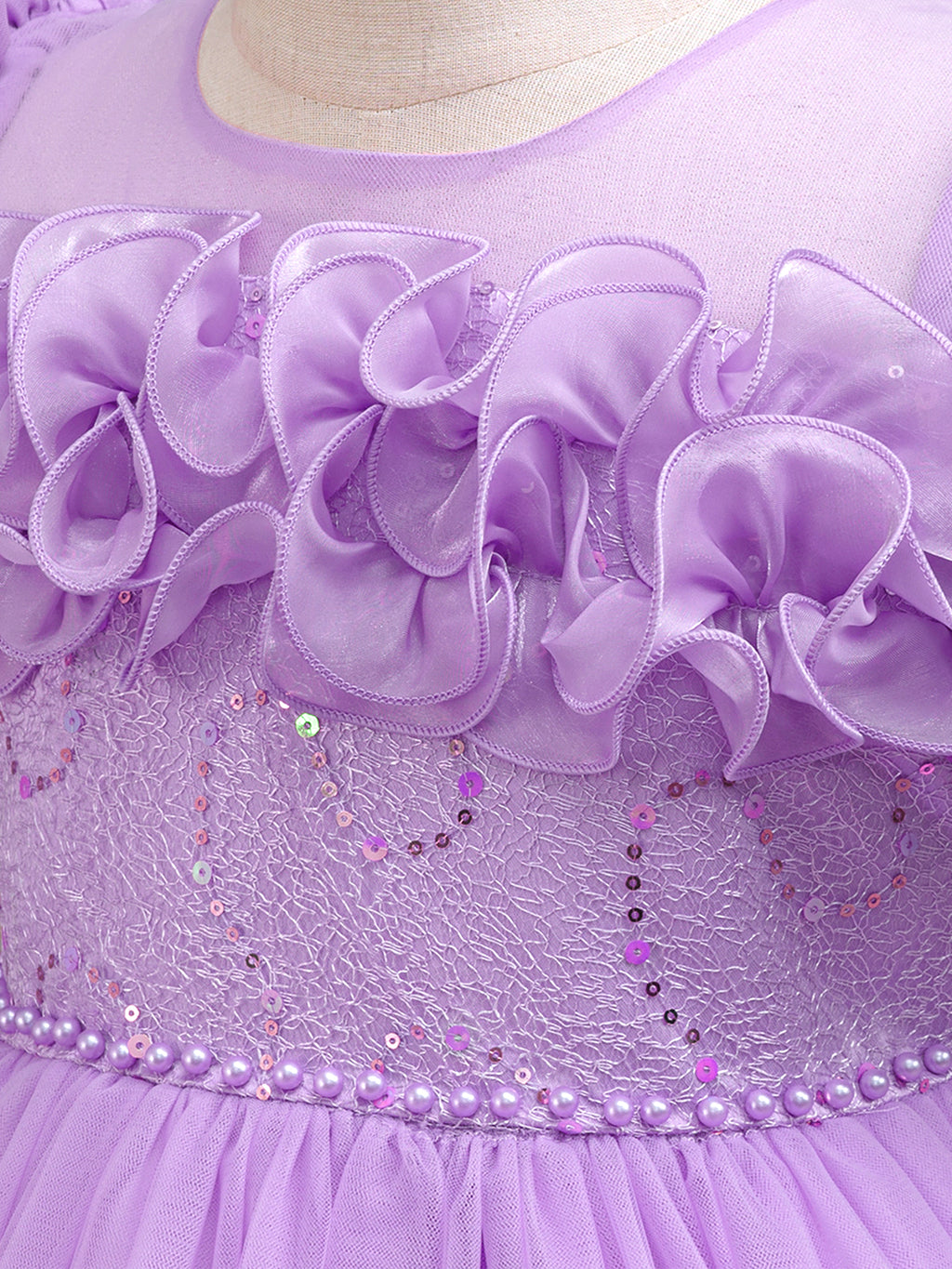 Blisseven LS8386 lavender girls dress close up with rose puff sleeve details