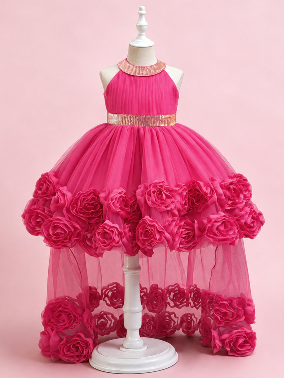 Blisseven LS8388 hot pink girls high low flower girl dress front view