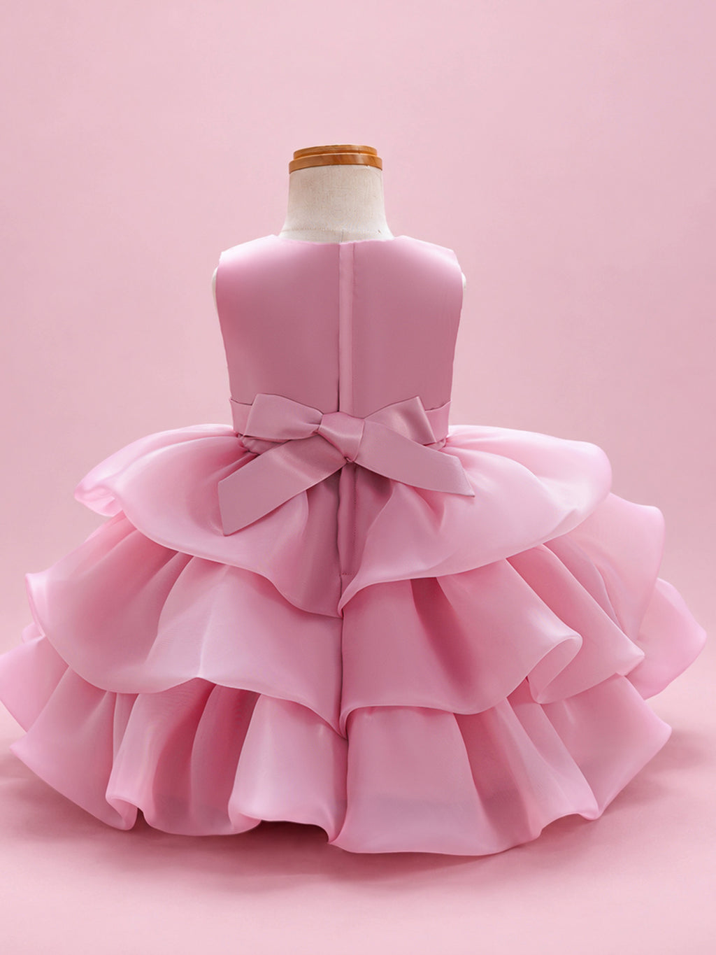 Blisseven LS8609 dusty rose girls organza princess dress back view with satin bodice, back zipper, and bow detail