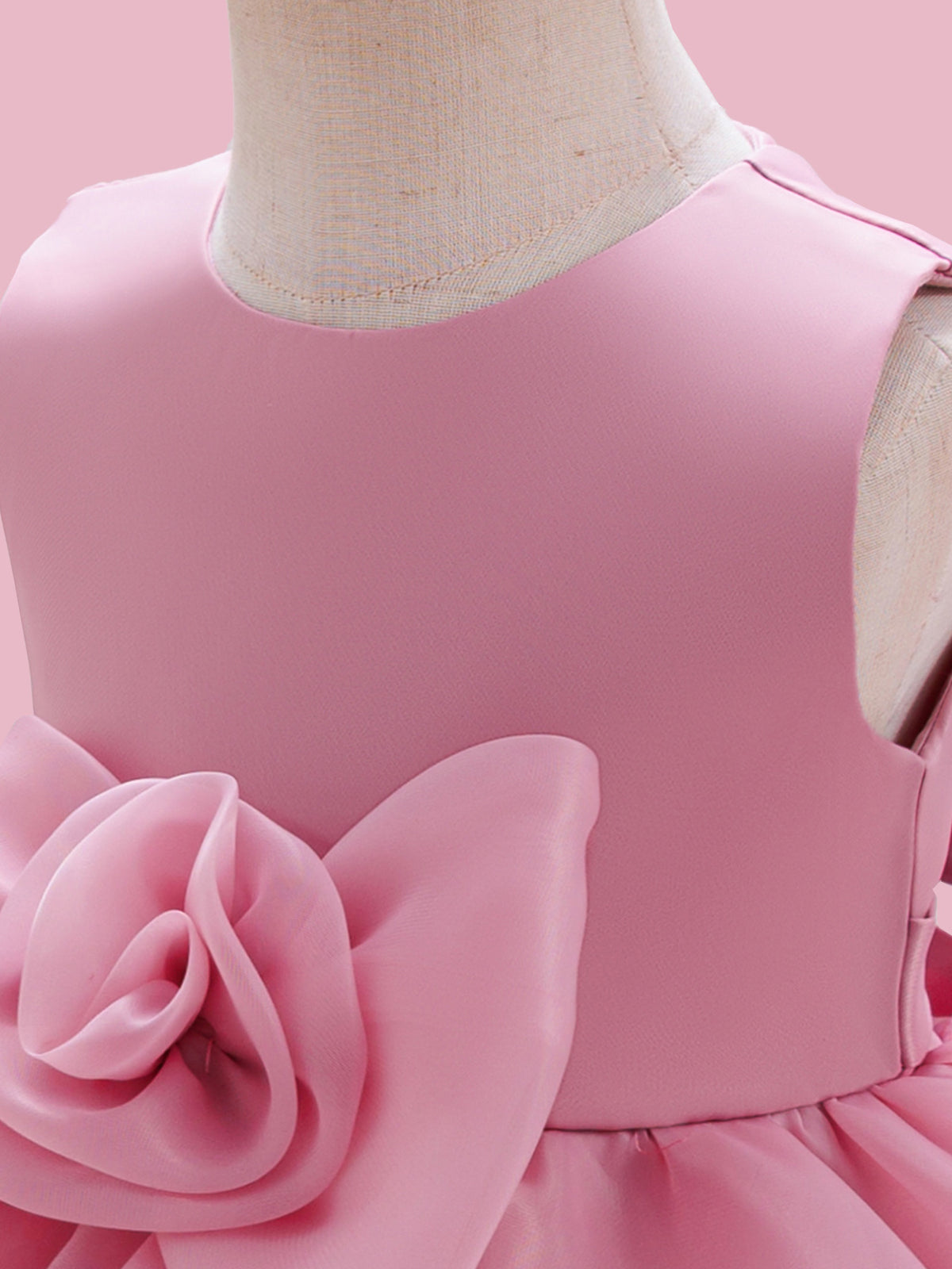 Blisseven LS8609 dusty rose girls princess dress bodice detail with smooth sleeveless top and large 3D floral bow waist decoration