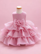 Blisseven LS8609 dusty rose girls organza tiered princess dress front view with large 3D floral bow waist decoration and fluffy short skirt