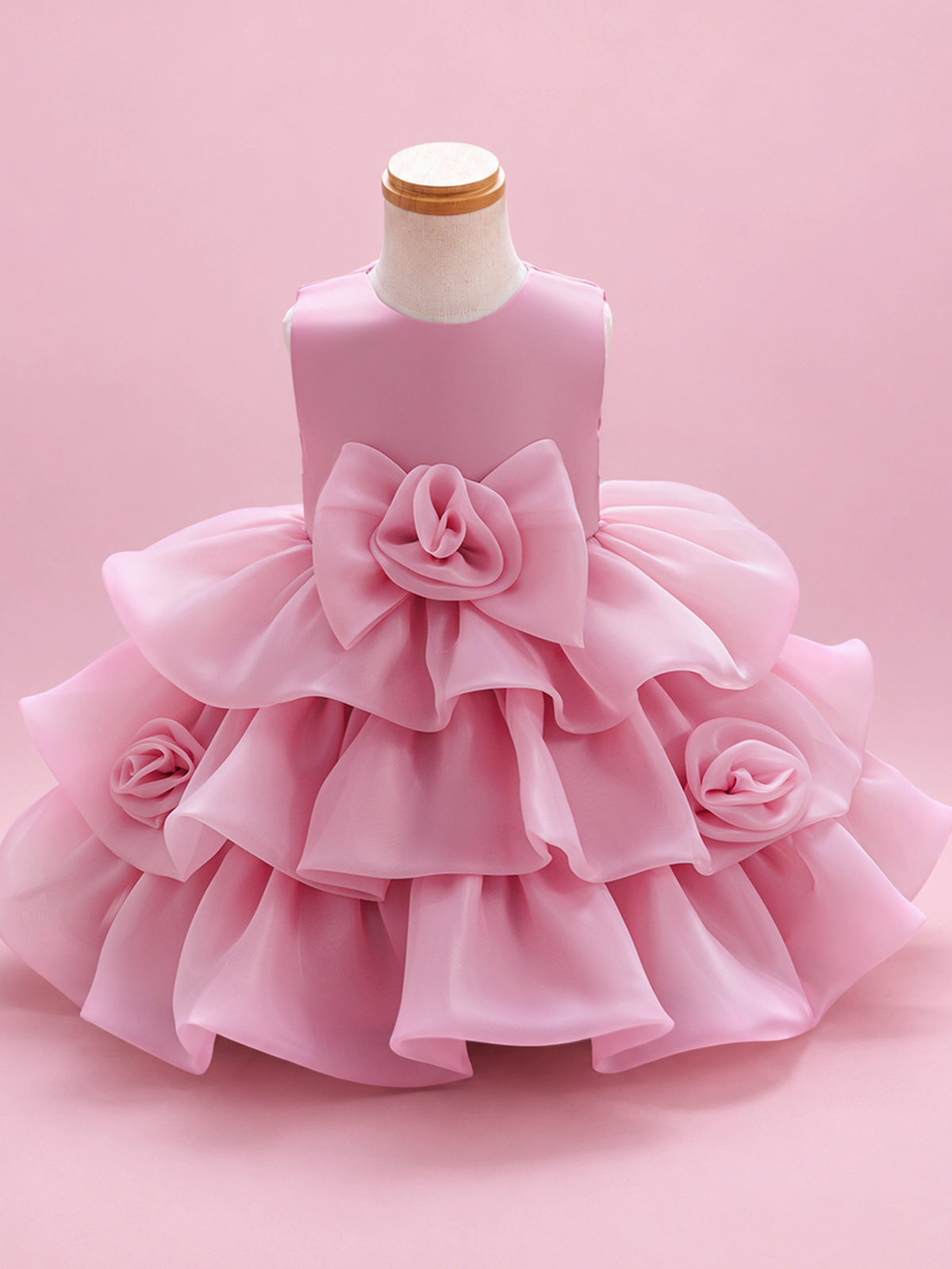 Blisseven LS8609 dusty rose girls organza tiered princess dress front view with large 3D floral bow waist decoration and fluffy short skirt