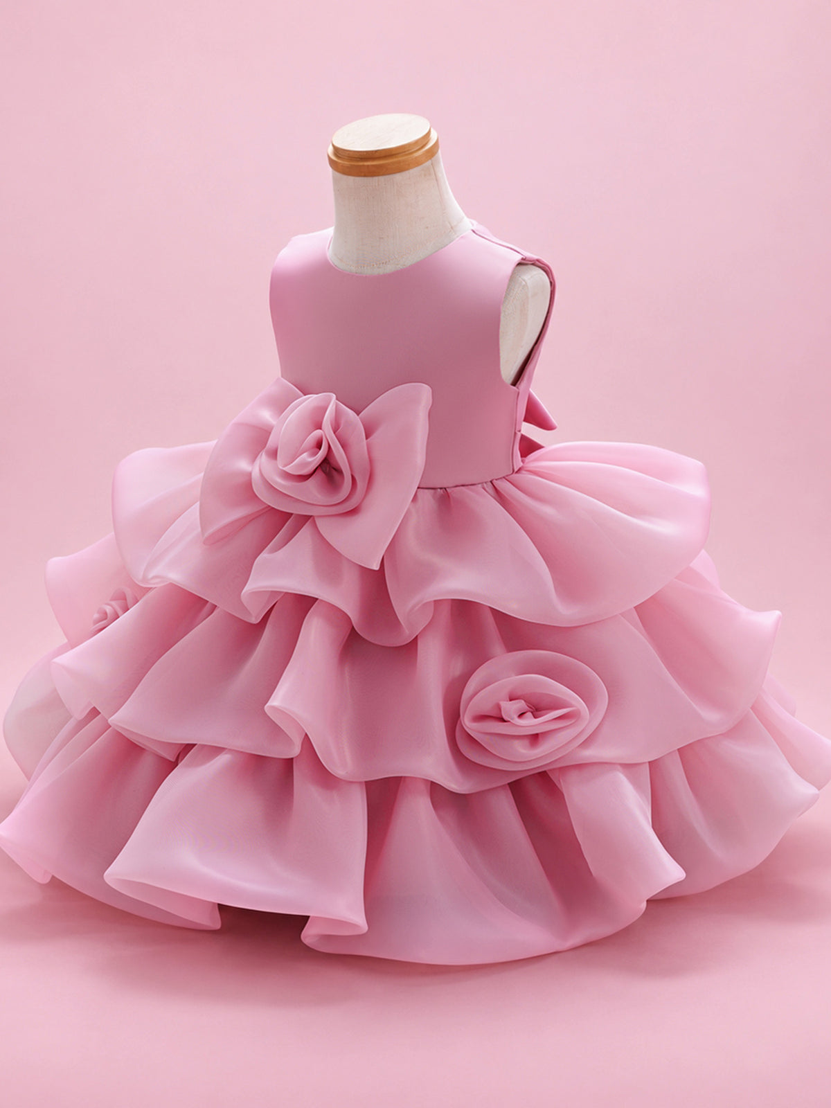 Blisseven LS8609 dusty rose girls organza tiered princess dress side view showing layered skirt, floral bow waist, and 3D flower accents