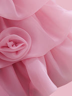 Blisseven LS8609 dusty rose girls organza dress skirt detail with fluffy tiered layers and small 3D flower accents