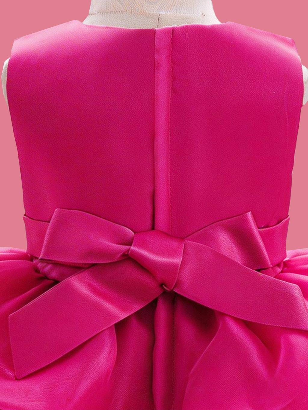 Blisseven LS8609 hot pink girls princess dress back zipper detail, showing the smooth satin back bodice, zipper closure, and bow tie design