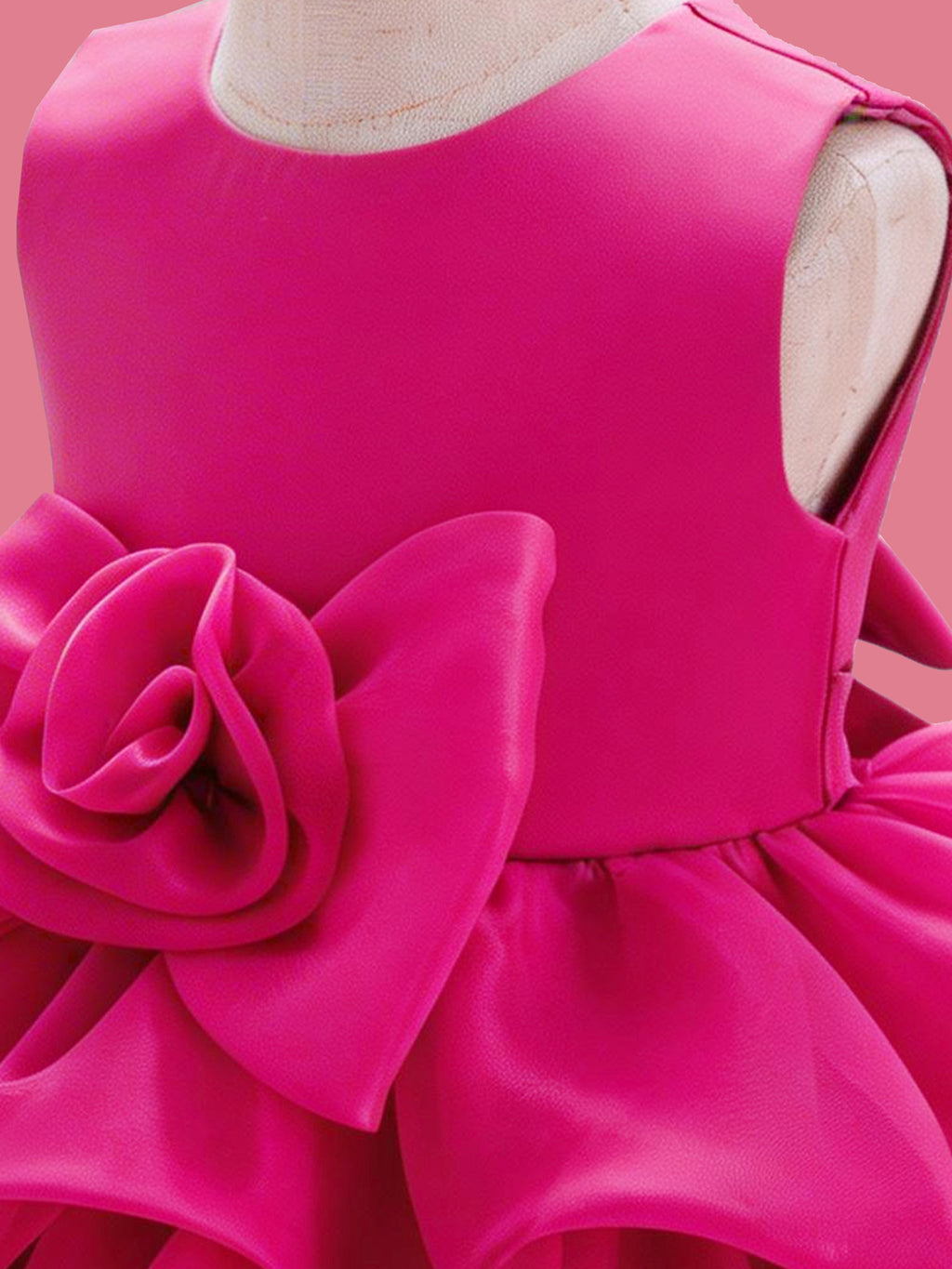 Blisseven LS8609 hot pink girls princess dress bodice detail, showing the smooth sleeveless bodice, waist seam, and large 3D floral decoration