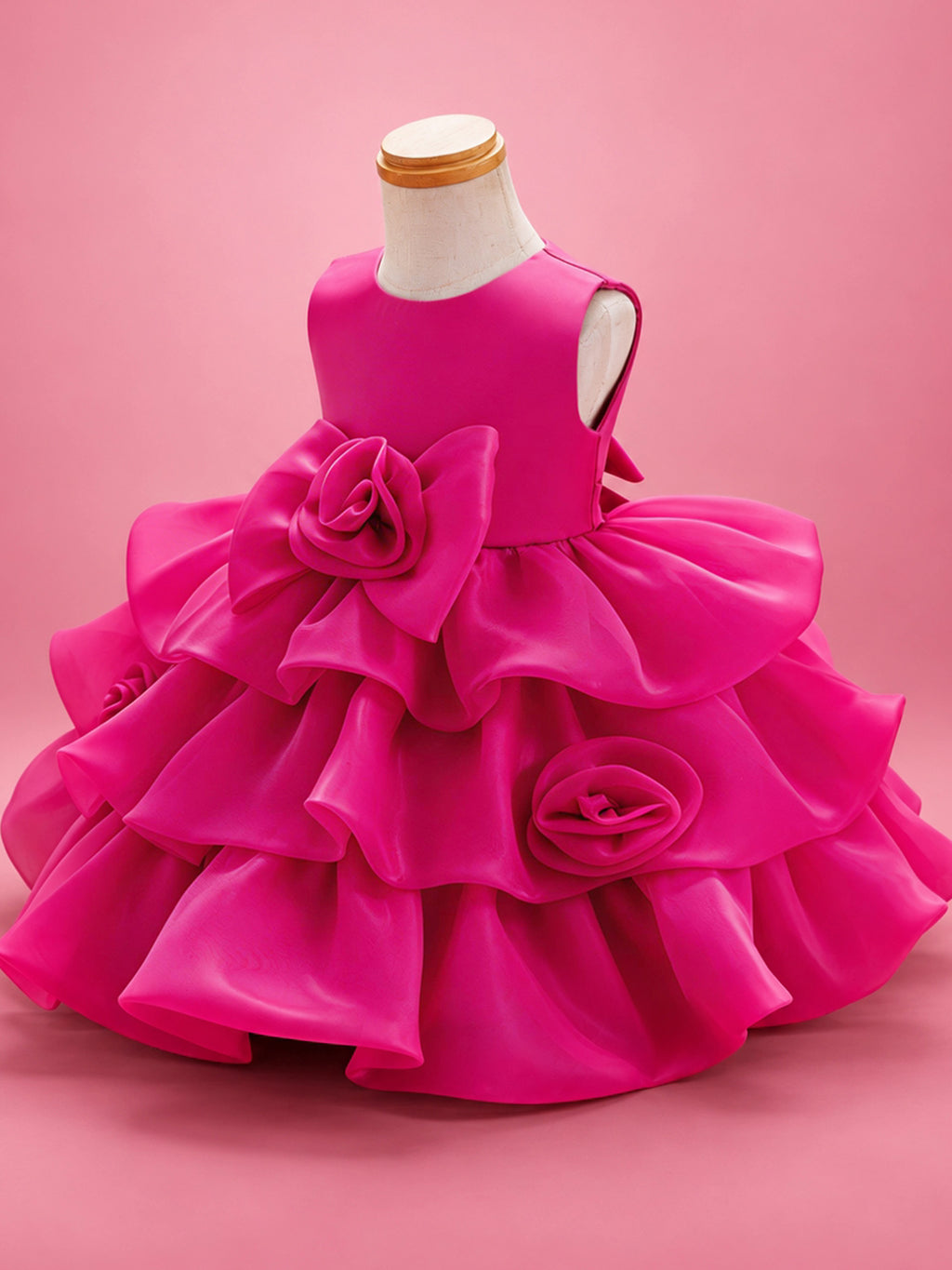 Blisseven LS8609 hot pink girls organza tiered short princess dress side view, showing the fluffy organza layers, voluminous skirt shape, and 3D floral waist design