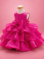 Blisseven LS8609 hot pink girls organza tiered short princess dress side view, showing the fluffy organza layers, voluminous skirt shape, and 3D floral waist design