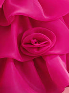 Blisseven LS8609 hot pink girls organza dress skirt flower detail, showing small 3D floral decorations on the layered tiered skirt