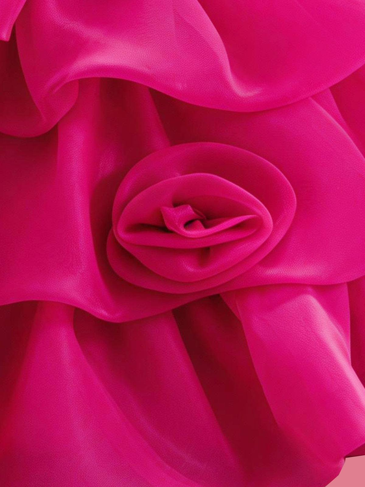Blisseven LS8609 hot pink girls organza dress skirt flower detail, showing small 3D floral decorations on the layered tiered skirt